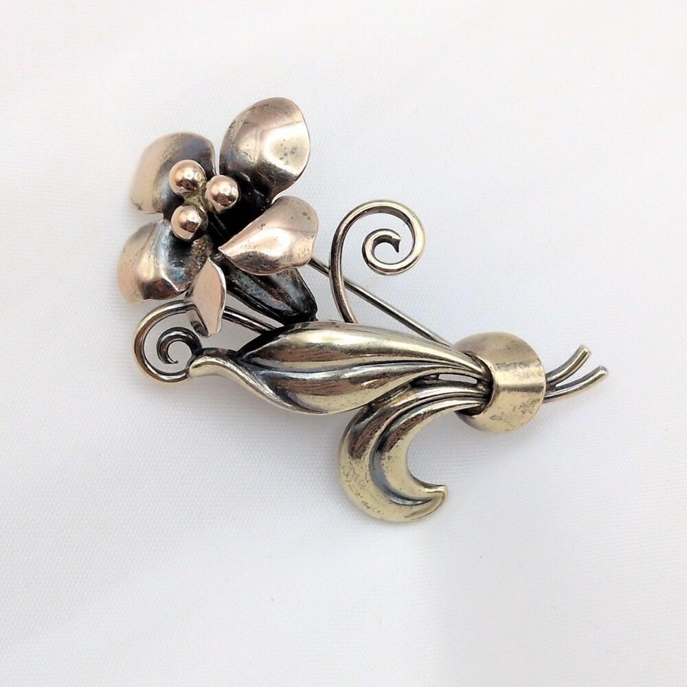 VTG Carl-Art Sterling Silver and 1/20 12k Gold Filled Flower Brooch 1.75in